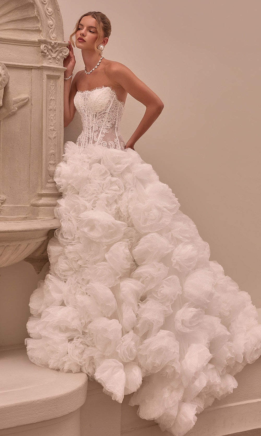 Andrea and Leo WL092 Off White strapless A-line bridal ballgown with 3D tulle rosette skirt and sweep train, full length view, bridal shower styling, wedding dress