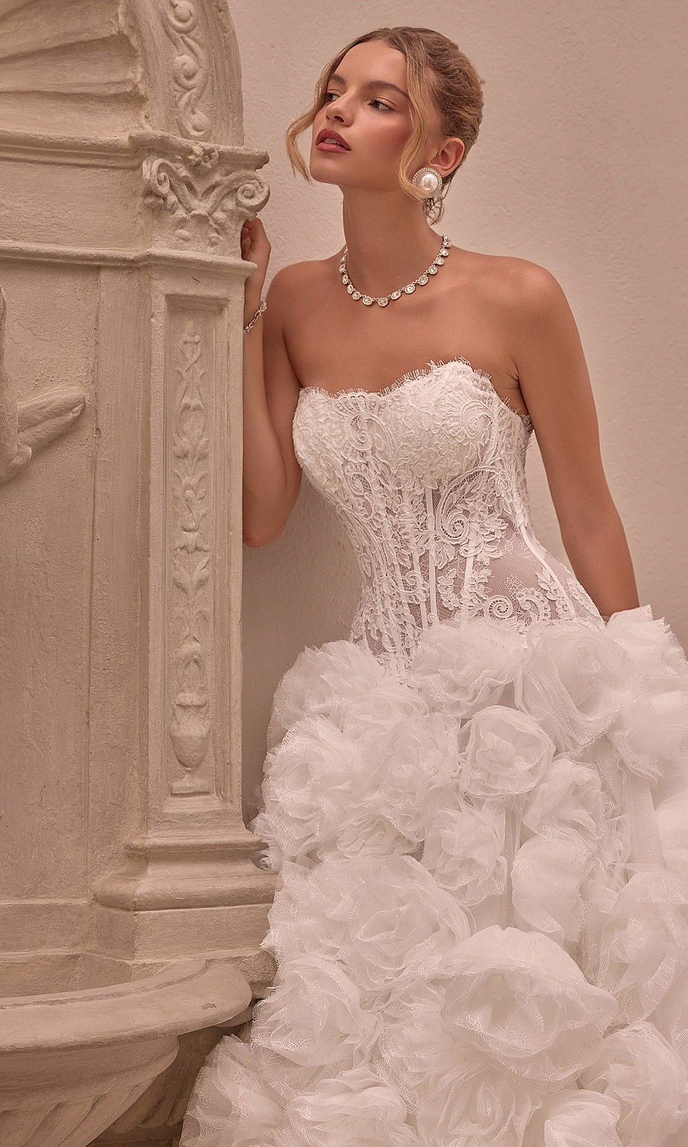 Andrea and Leo WL092 Off White three-dimensional fabric rosette tulle skirt with lace embroidery detail, skirt detail view, wedding reception dress