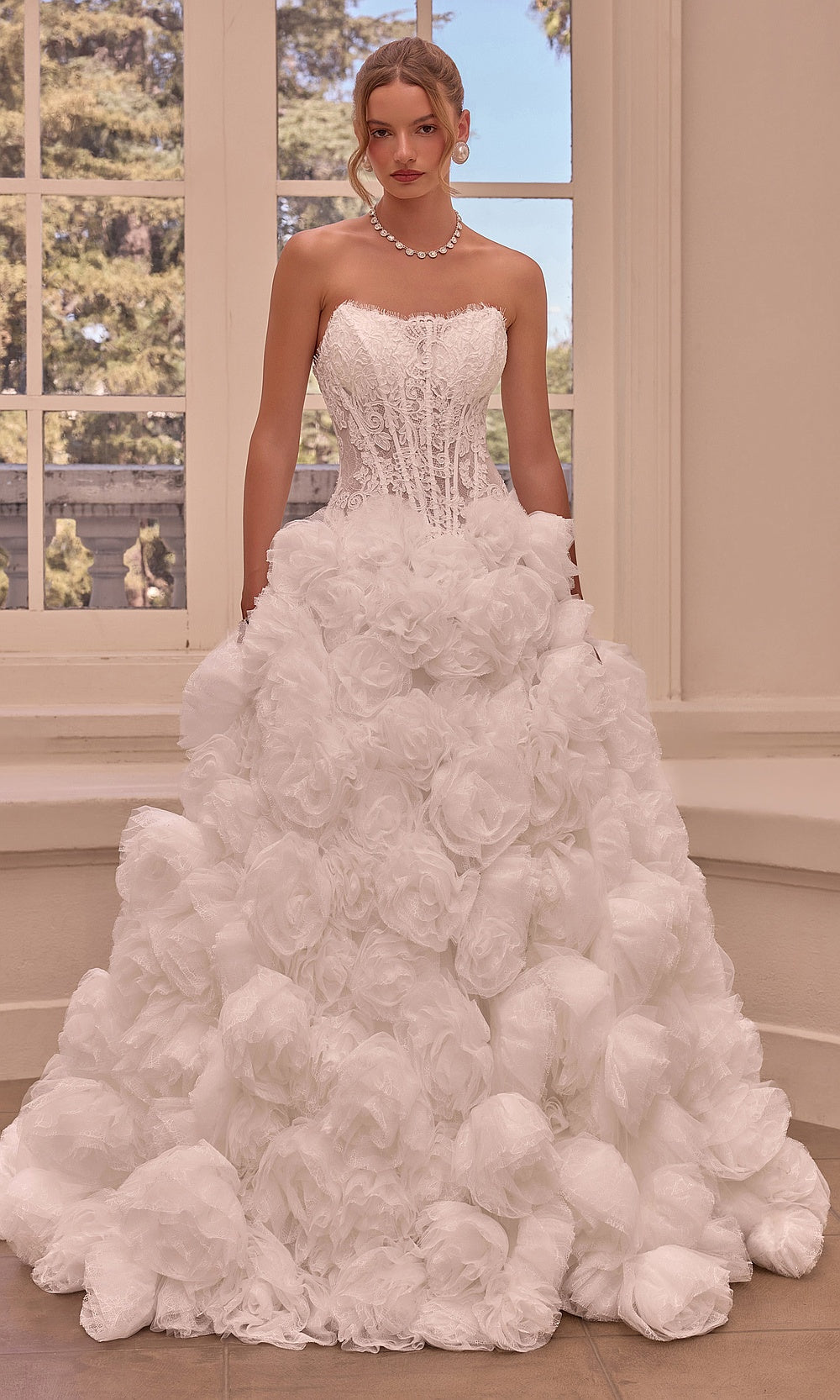 Andrea and Leo WL092 Off White strapless sweetheart boned lace corset ballgown with 3D floral tulle rosette skirt, front view, bridal shower styling, wedding dress
