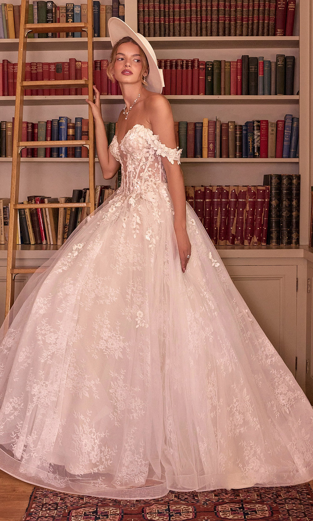 Andrea and Leo WL093 French White wedding dress full view with flowing tulle ballgown silhouette, lace bodice, train, off-shoulder sweetheart neckline, wedding reception dress