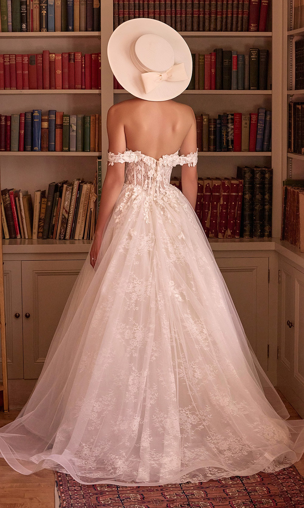 Andrea and Leo WL093 French White wedding dress back view with open back to the waist, lace detailing, tulle A-line skirt, train, wedding reception dress