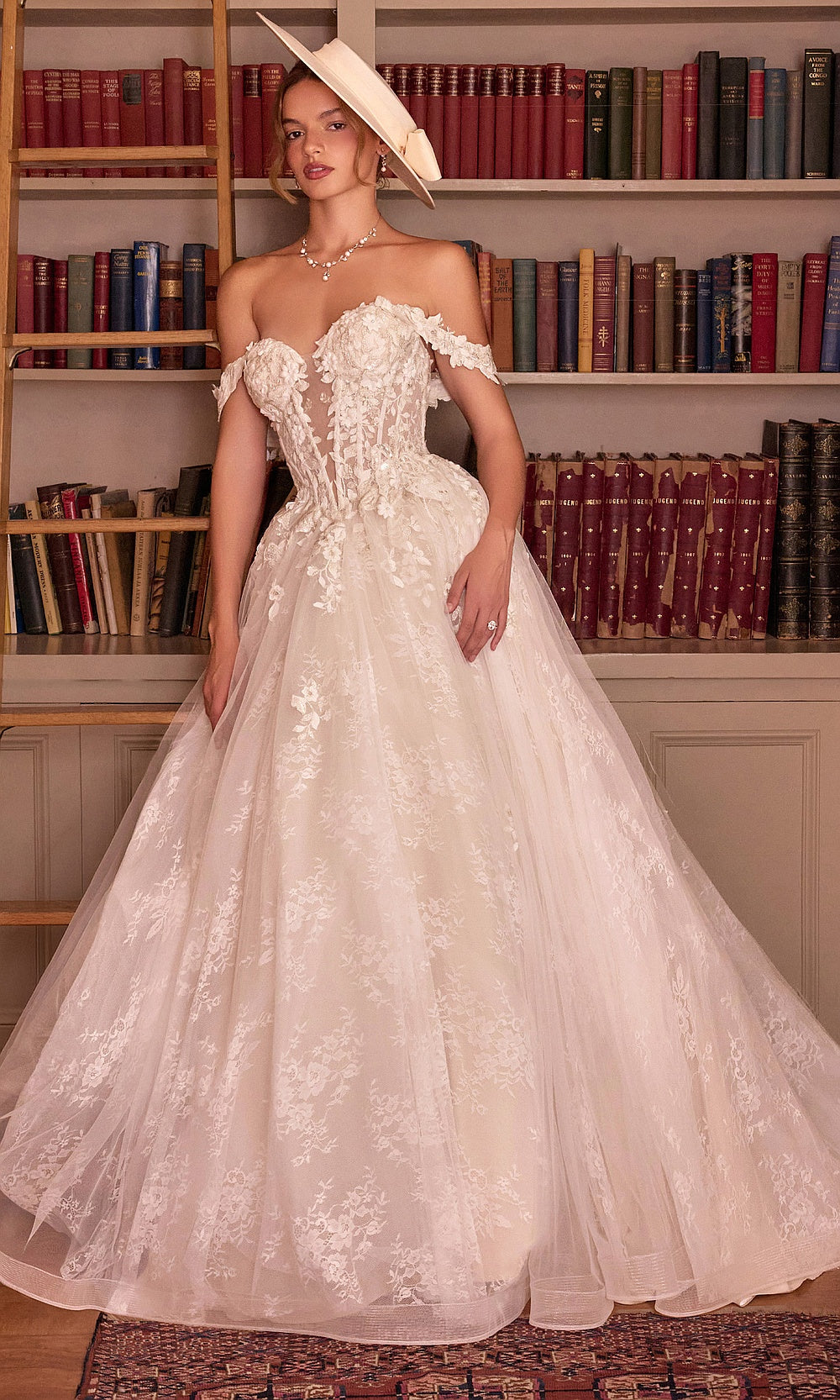 Andrea and Leo WL093 French White wedding dress front view with lace floral appliqués, off-shoulder sweetheart boned corset, full tulle ballgown skirt, bridal shower styling