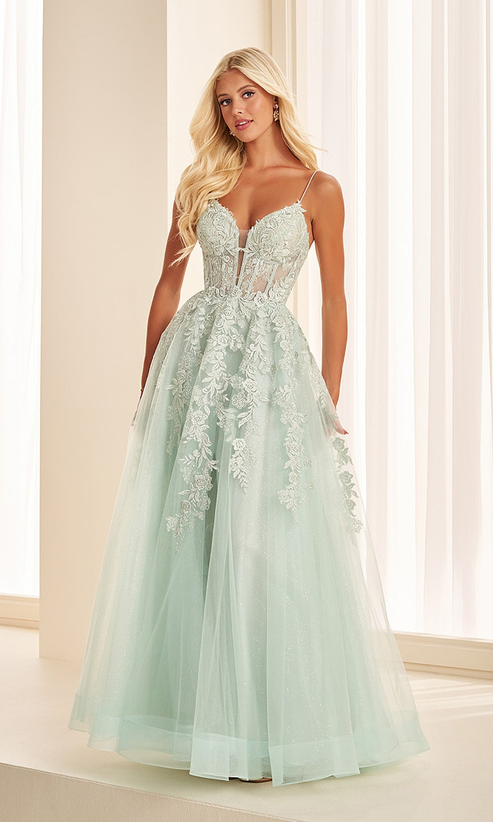 Ellie Wilde EW34036 Ice Mint prom dress front view with glitter tulle, floral appliqués, sweetheart neckline, ballgown silhouette, formal prom gown.