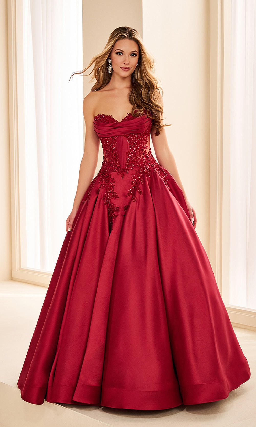 Ellie Wilde EW37082 Wine prom dress front view with satin fabric, beaded floral appliqués, strapless sweetheart ballgown silhouette, pageant-ready gown.