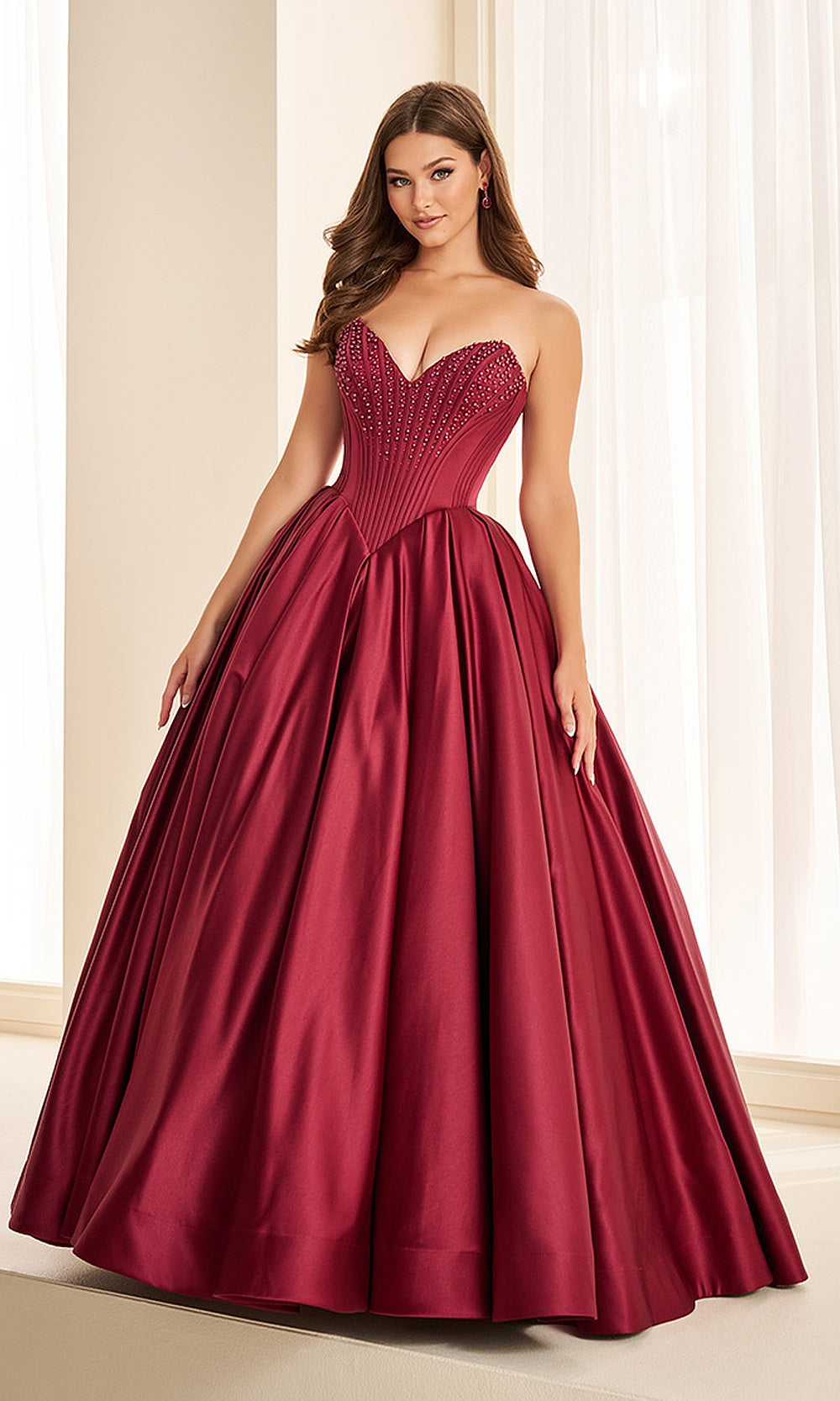 Ellie Wilde EW38020 Wine prom dress front view with beaded satin, sweetheart neckline, ballgown silhouette, breathtaking gala gown.