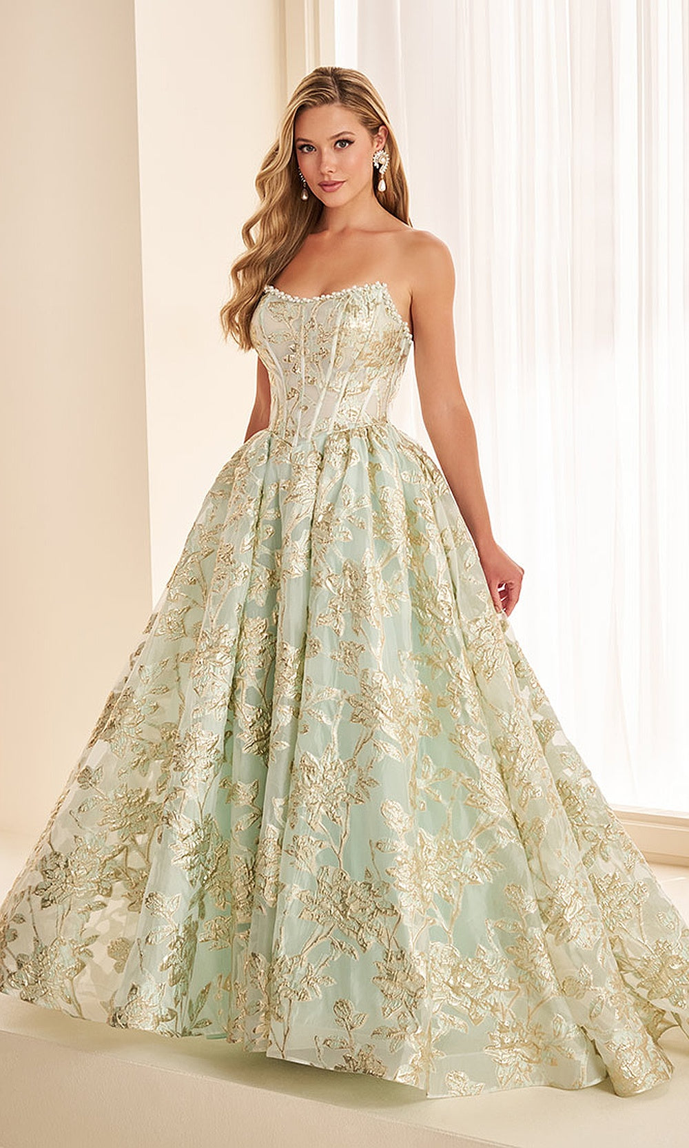 Ellie Wilde EW38066 Sage/Light Gold front prom strapless scoop pearl-trim metallic floral jacquard ballgown with boned corset A-line skirt formal prom gown
