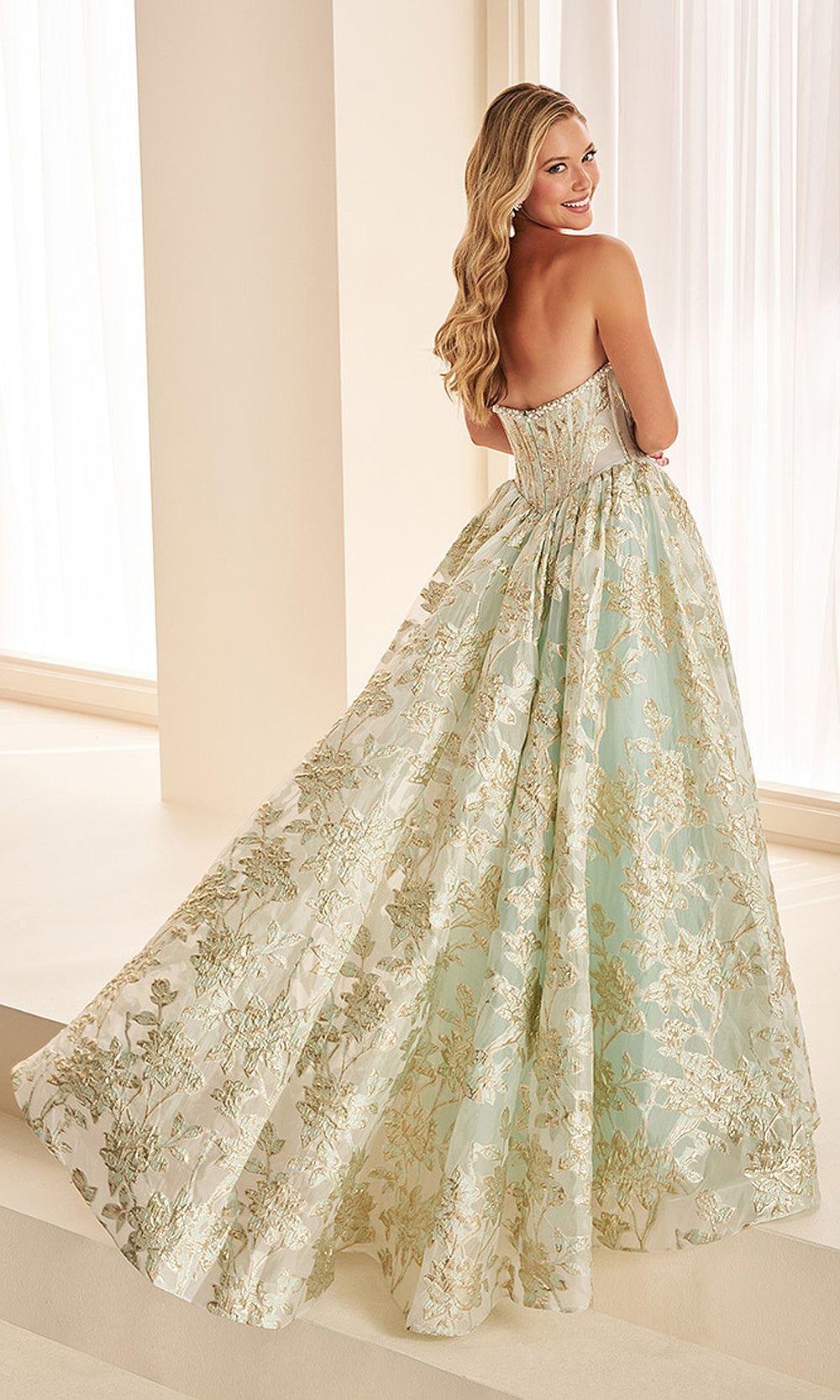 Ellie Wilde EW38066 Sage/Light Gold back prom covered zipper-back metallic floral jacquard ballgown with boned corset sweep train sweet 16 ball gown