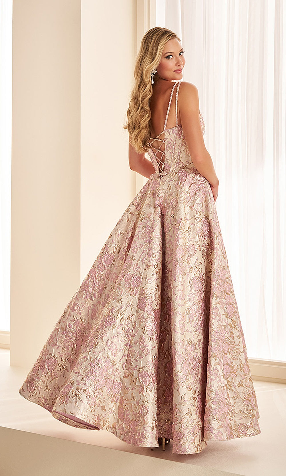 Ellie Wilde EW38067 Pink/Light Gold prom dress back view lace-up crisscross corset closure full A-line skirt evening gown