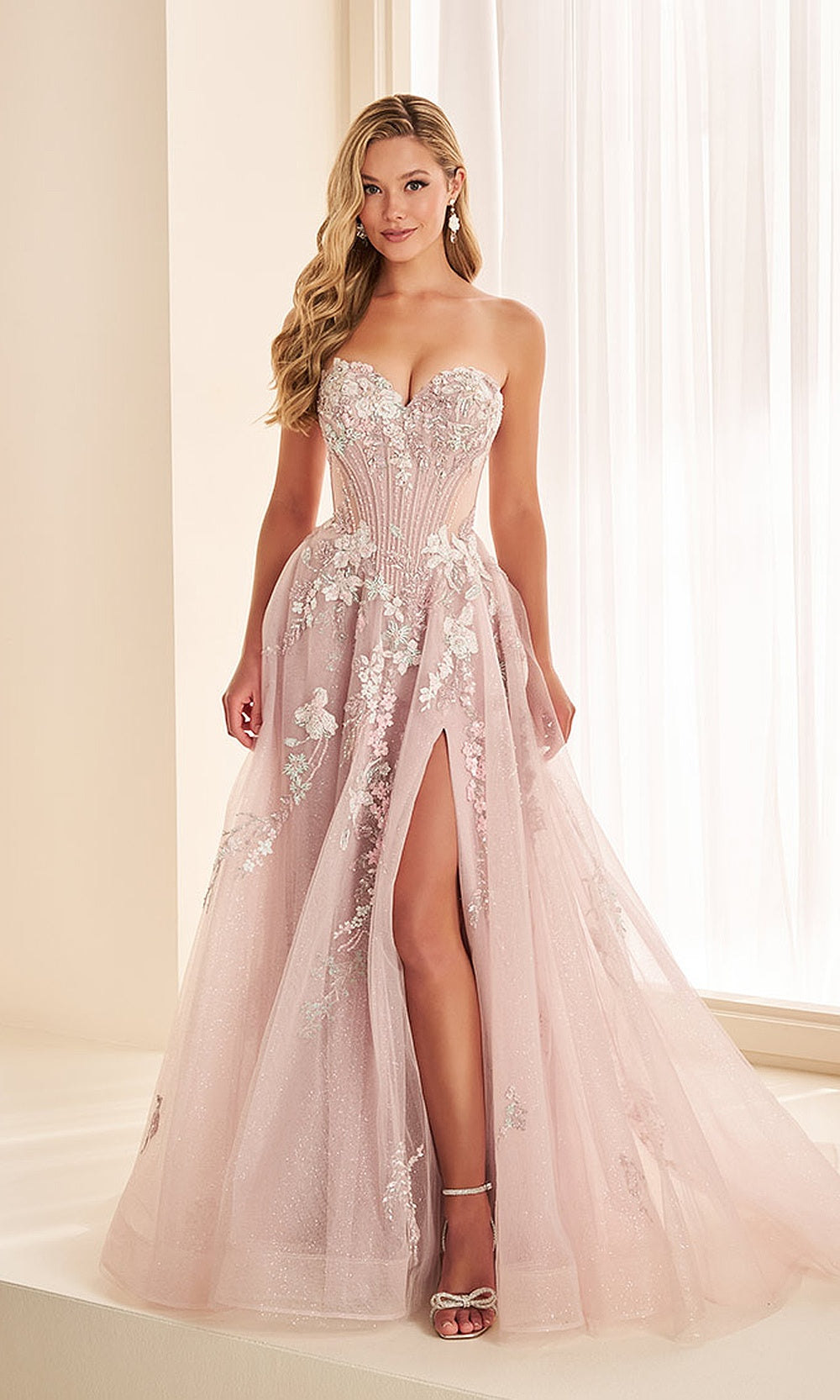Ellie Wilde EW38068 Dusty Rose Multi front view prom dress with glitter tulle, 3D floral corset, strapless sweetheart ballgown, formal prom gown