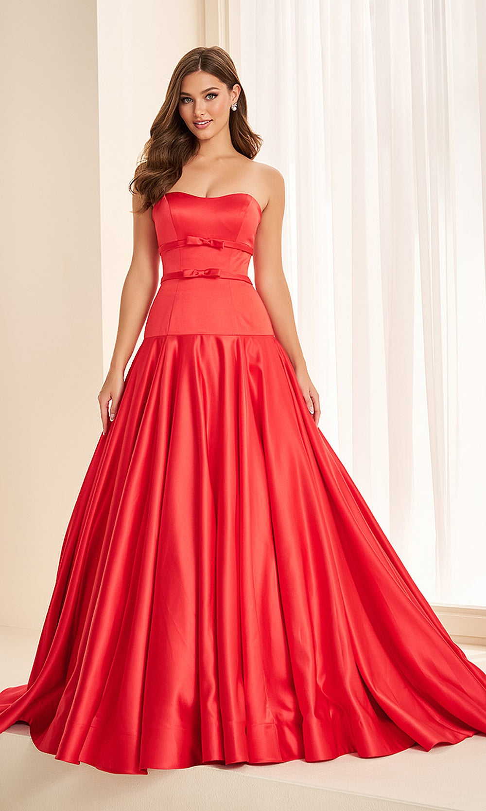 Ellie Wilde EW38080 Red prom dress with smooth satin, strapless scoop neckline, full A-line ballgown skirt, front view, formal prom gown