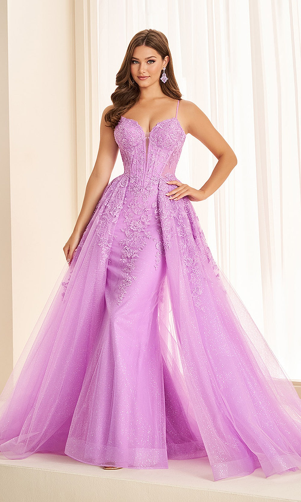 Ellie Wilde EW38095 Lavender prom dress front view with glitter tulle and hot-stone lace, floral appliqués, boned sweetheart corset ballgown, black tie event dress.