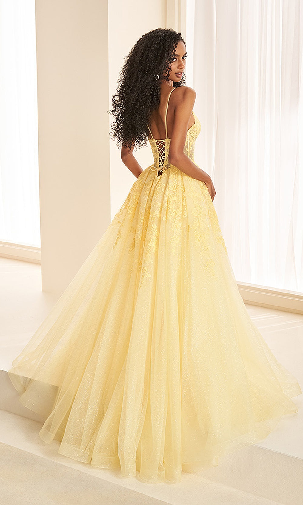 Ellie Wilde EW38095 Yellow prom dress back view with glitter tulle and lace, corset back with boning, sweetheart ballgown with train, evening gown.
