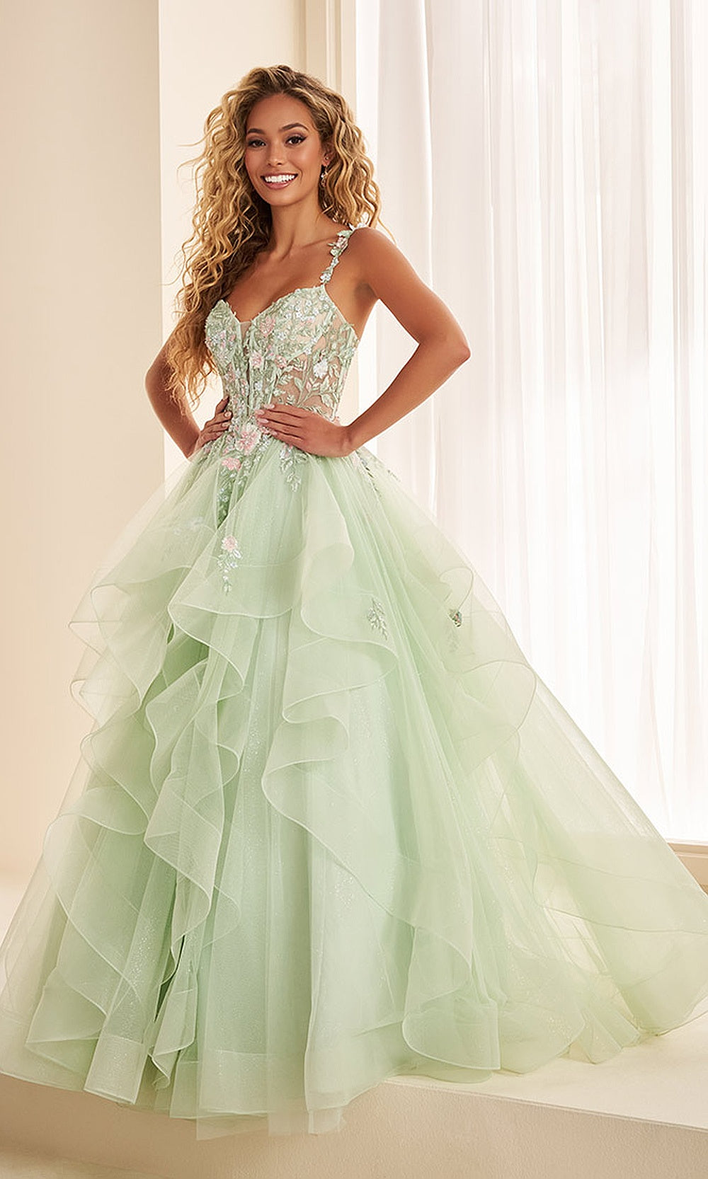 Ellie Wilde EW38123 Rose Garden prom dress front view with glitter tulle, beaded lace floral appliqués, boned corset, ballgown silhouette, pageant-ready gown.