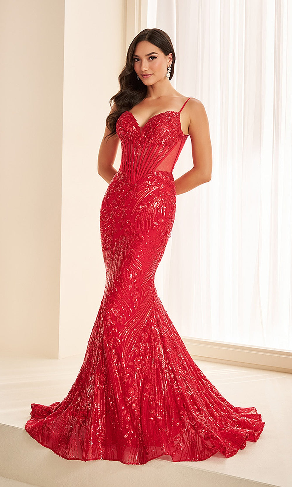 Ellie Wilde EW38208 Scarlet Red sequin mermaid prom dress front view with mesh and jersey, beaded floral appliques, boned illusion corset sweetheart bodice, evening gown.