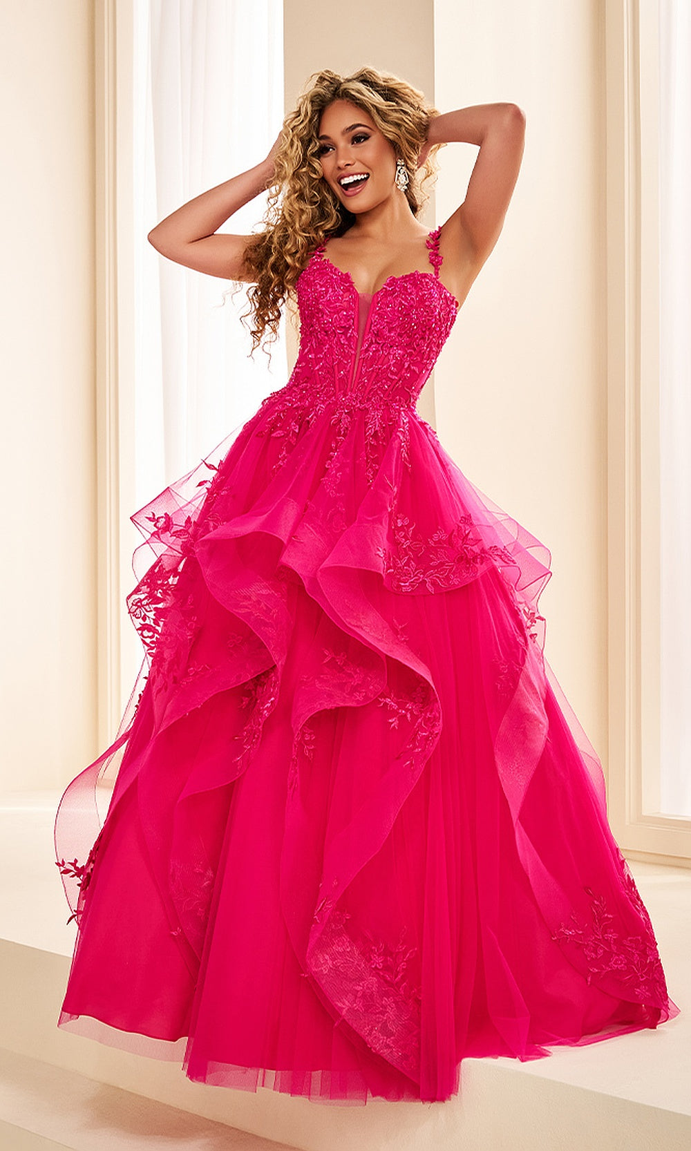 Ellie Wilde EW38211 Magenta prom dress front view with glitter tulle, lace beading, off-shoulder straps, boned corset bodice, ruffled skirt, black tie event dress.