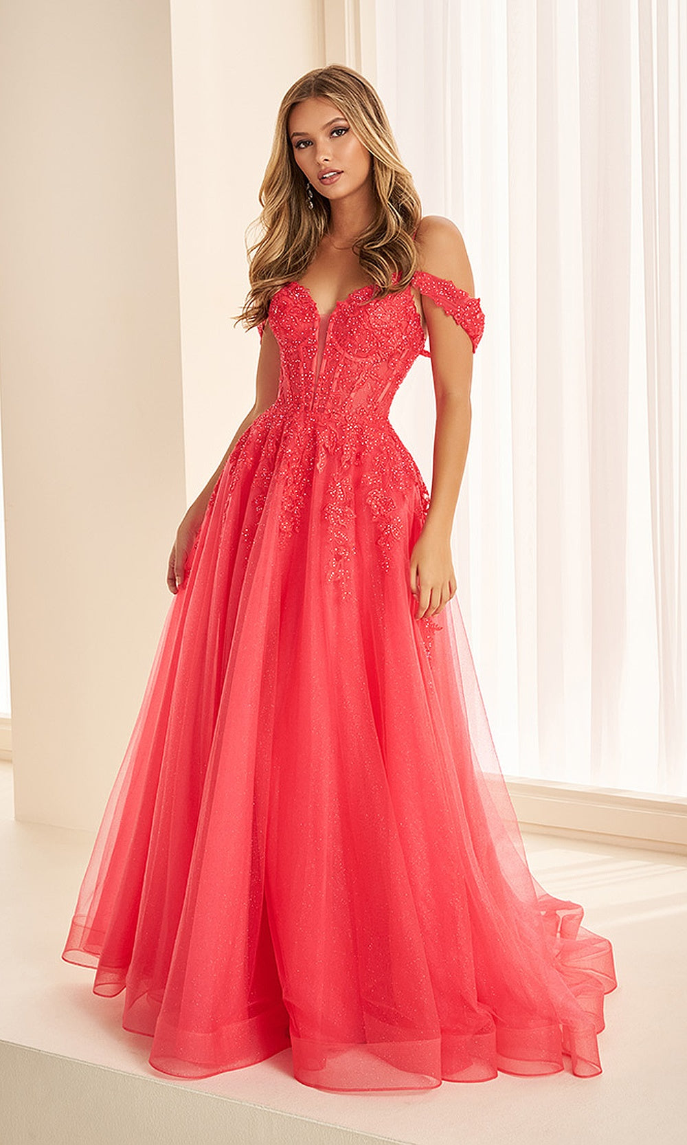 Ellie Wilde EW38219 Strawberry A-Line prom dress front view with glitter tulle and lace, off-shoulder sweetheart neckline, floral appliques, black tie event dress.
