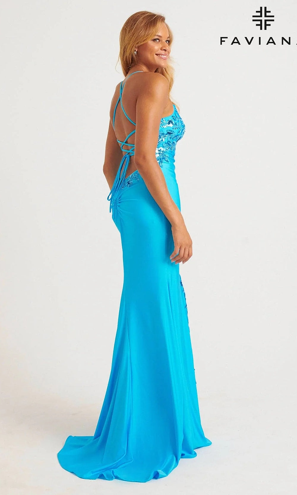 Faviana 11017 Sequin Floral Fitted Jersey Gown with High Slit with Sweep Train