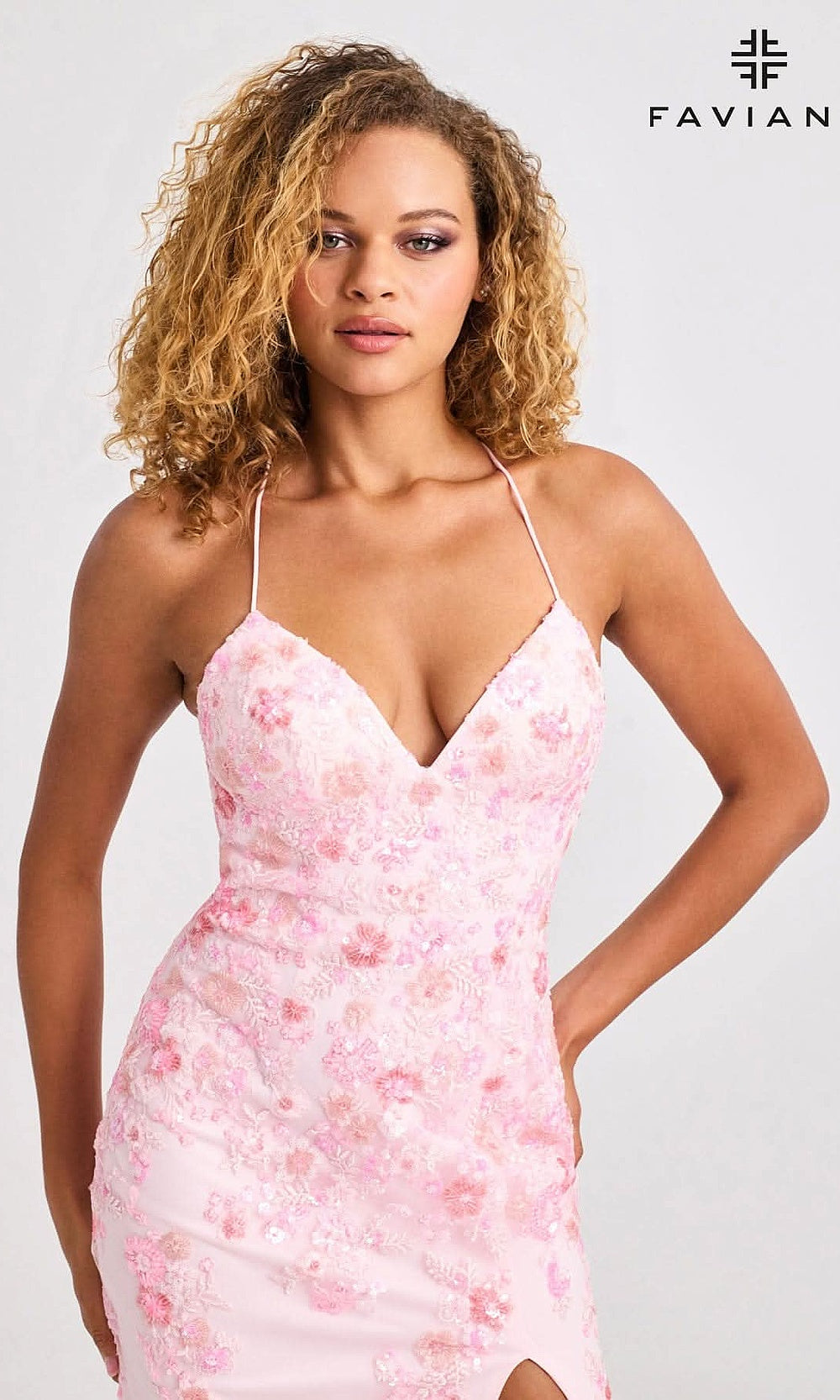 Faviana 11251 Fitted V-Neck Floral Beaded Gown with High Slit with Sweep Train