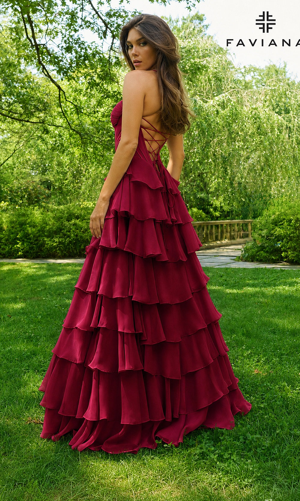 Faviana 11420 Merlot back view crisscross lace-up open back on long chiffon A-line gown tiered ruffle hem bridesmaid and wedding guest styling styled for prom