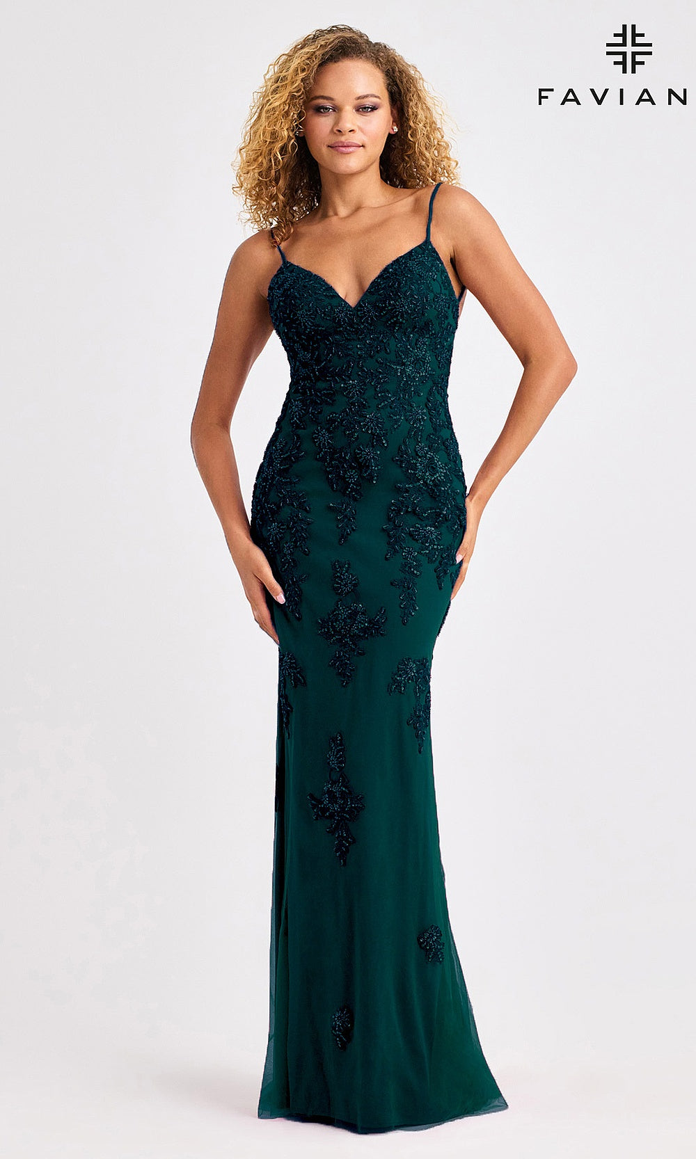 Faviana 11428 Dark Hunter Green front view beaded mesh mermaid gown with floral appliqués & open crisscross back