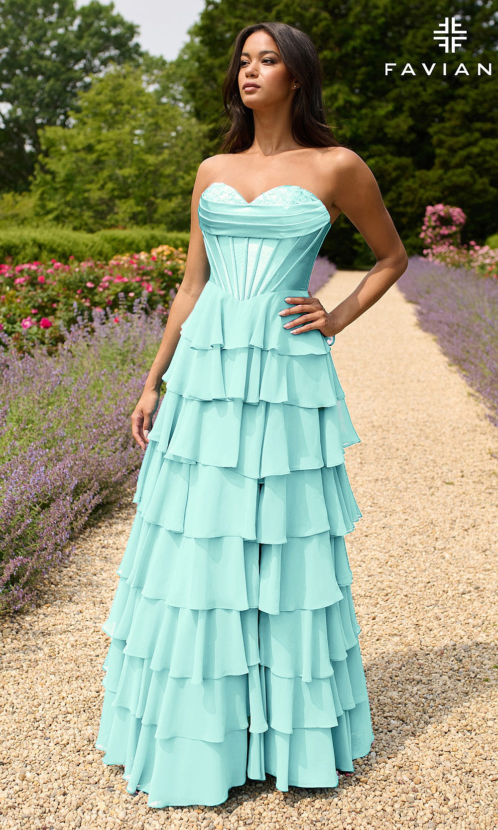Faviana 11436 Seaglass strapless sweetheart corset gown with tiered chiffon ruffles, floral appliqué trim, a-line silhouette, front view, formal prom gown