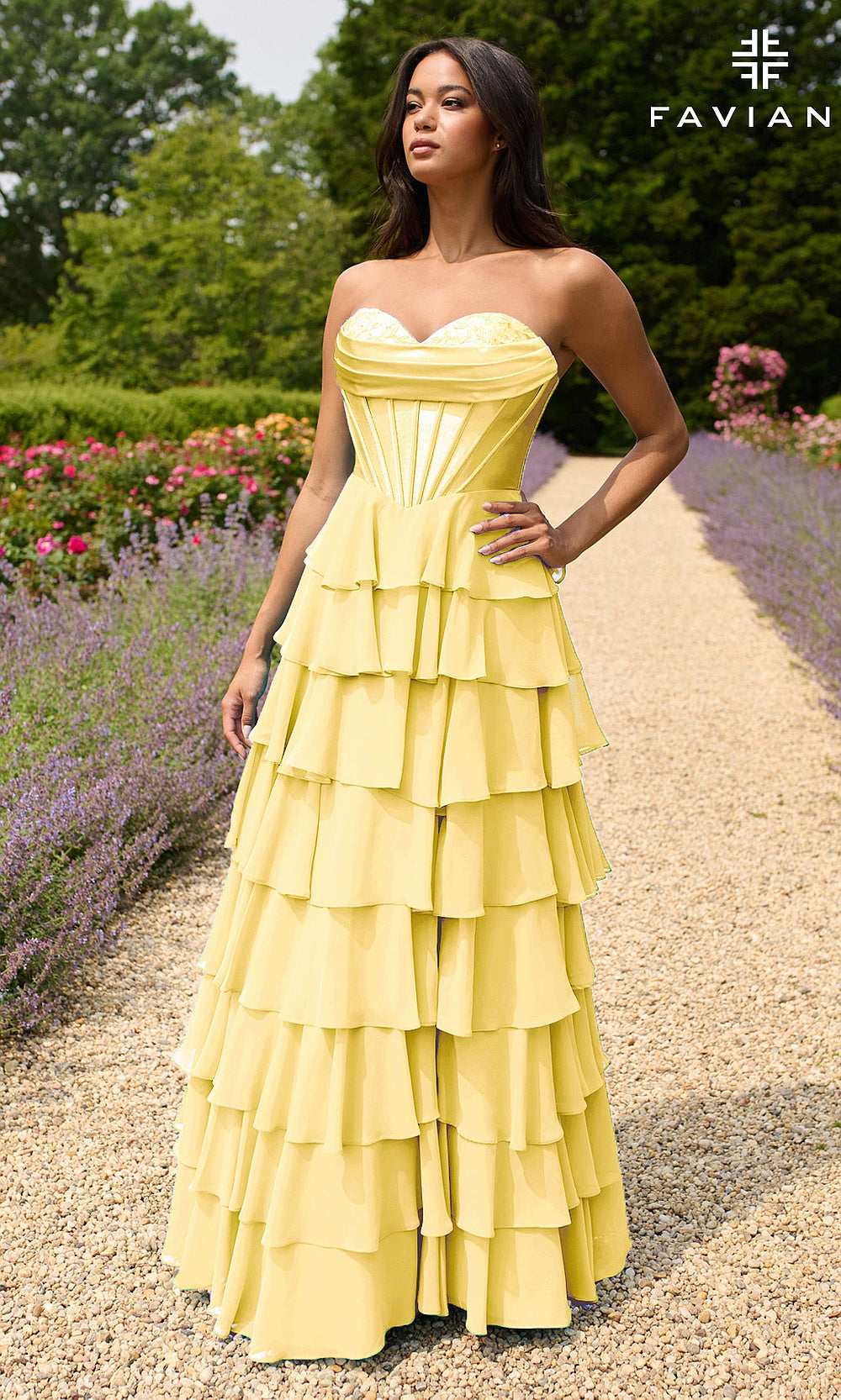 Faviana 11436 Yellow strapless sweetheart corset gown with tiered chiffon ruffles, floral appliqué trim, a-line silhouette, front view, formal prom gown