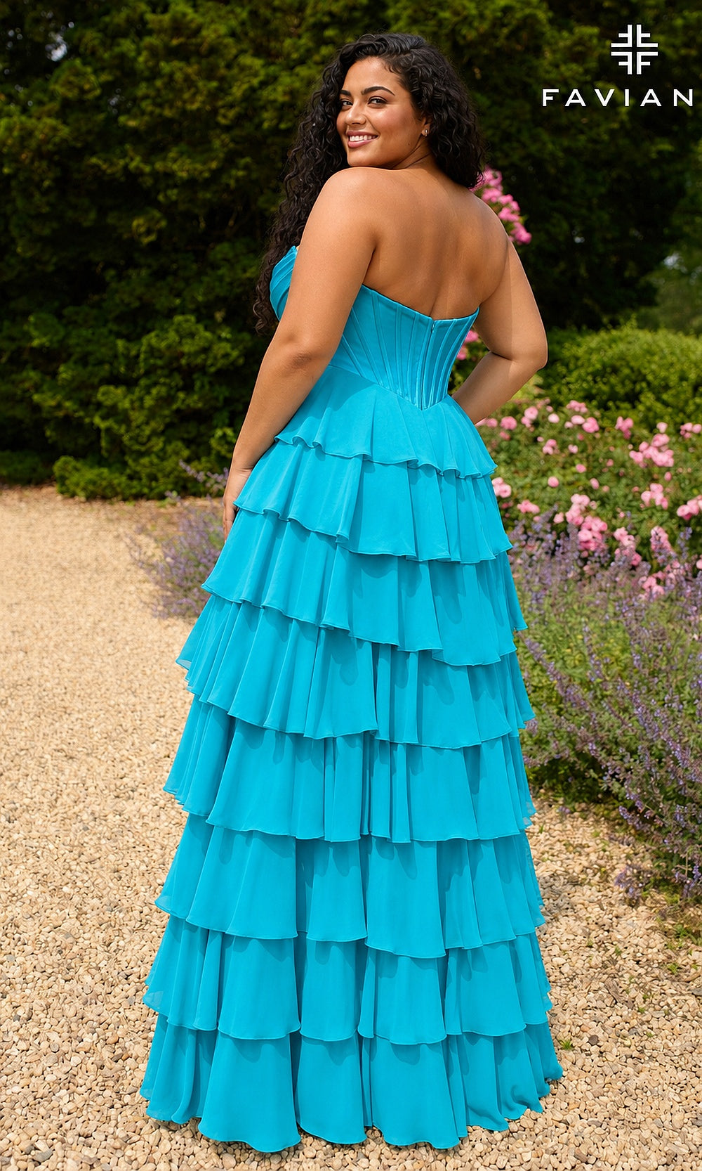 Faviana 11436E Aqua plus size strapless sweetheart corset gown with full lace-up back, boning channels visible, tiered chiffon skirt, back view, prom dress