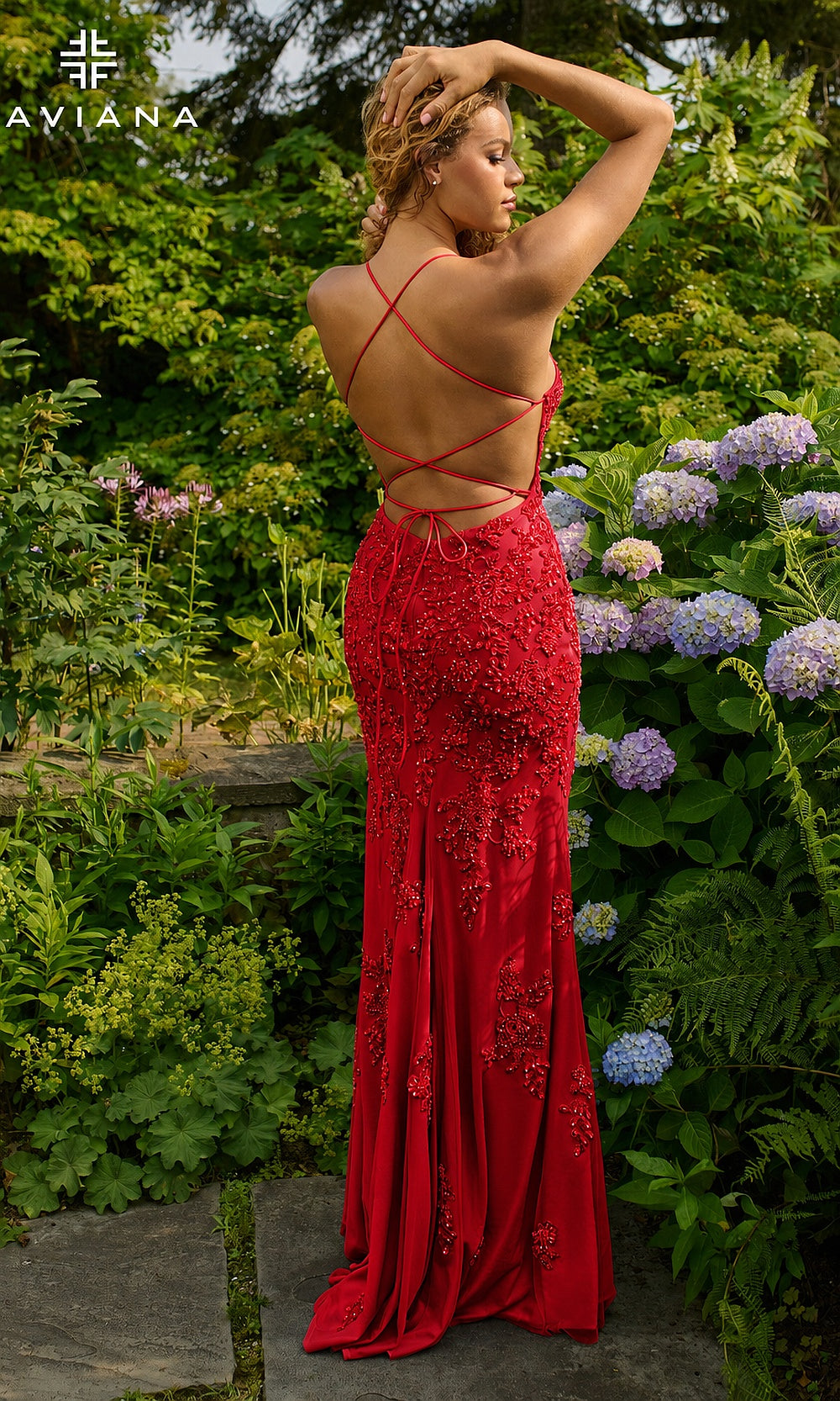 Faviana 11440 Red back view mermaid scoop-neck gown with beaded floral appliqués & train