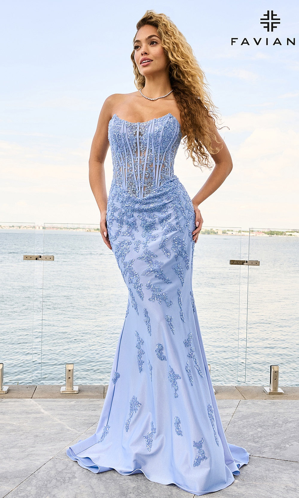 Faviana 11600 Cloud Blue prom dress front angle view with stretch satin jersey, floral beaded appliqués, strapless mermaid silhouette, formal prom gown