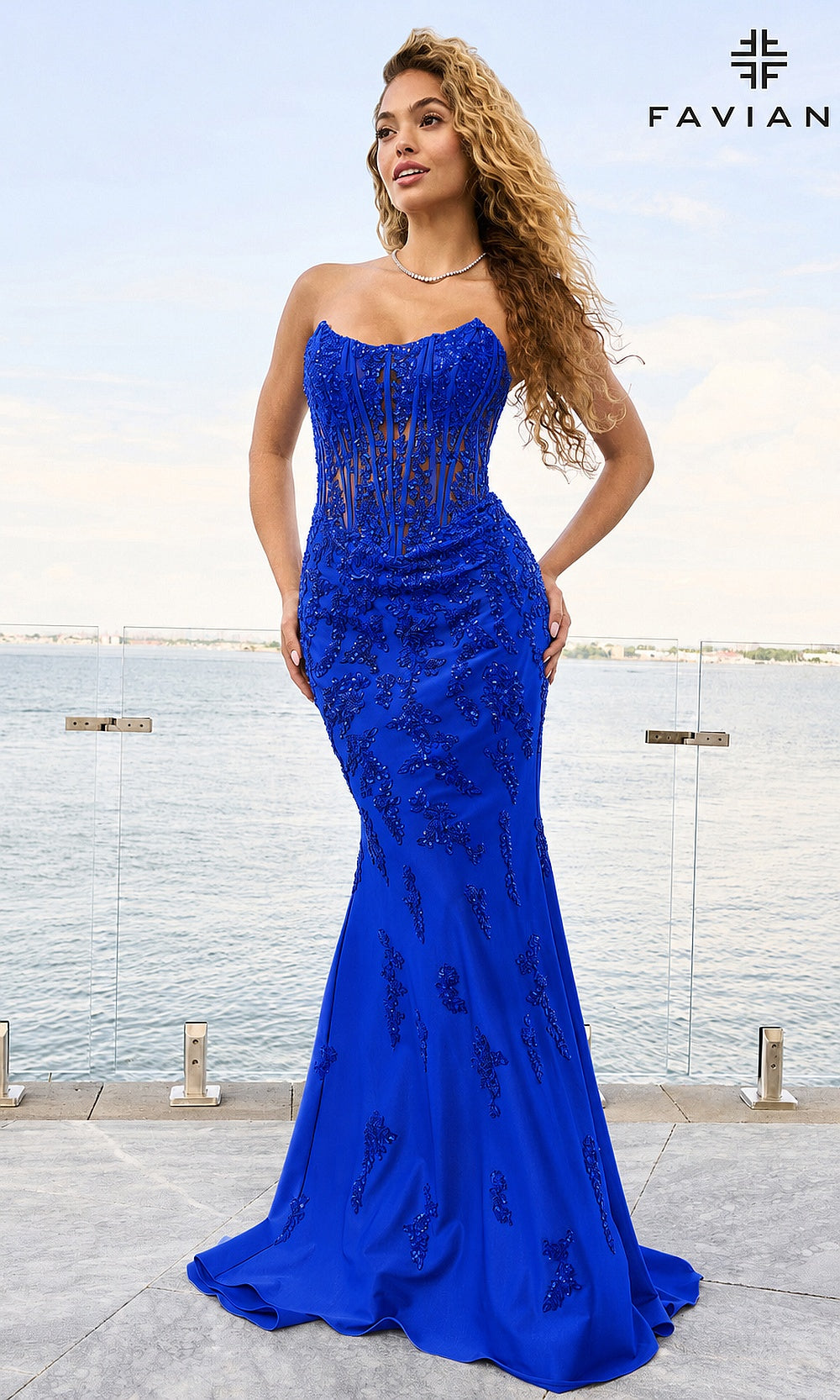 Faviana 11600 Royal prom dress front view with stretch satin jersey, floral beaded appliqués, strapless mermaid silhouette, formal prom gown