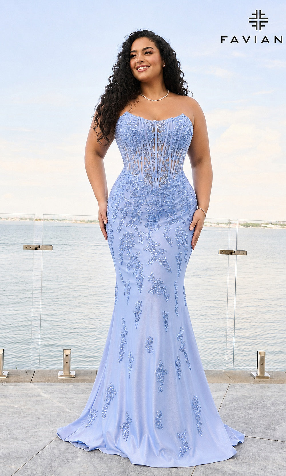 Faviana 11600E Cloud Blue plus size prom dress front view with stretch satin jersey, floral beaded appliqués, strapless mermaid silhouette, formal prom gown