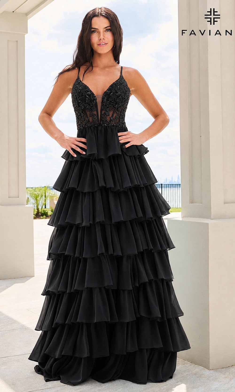 Faviana 11603 Black prom dress front view with floral lace bodice, beading, tiered chiffon ruffle skirt, V-neckline, spaghetti straps, formal prom gown