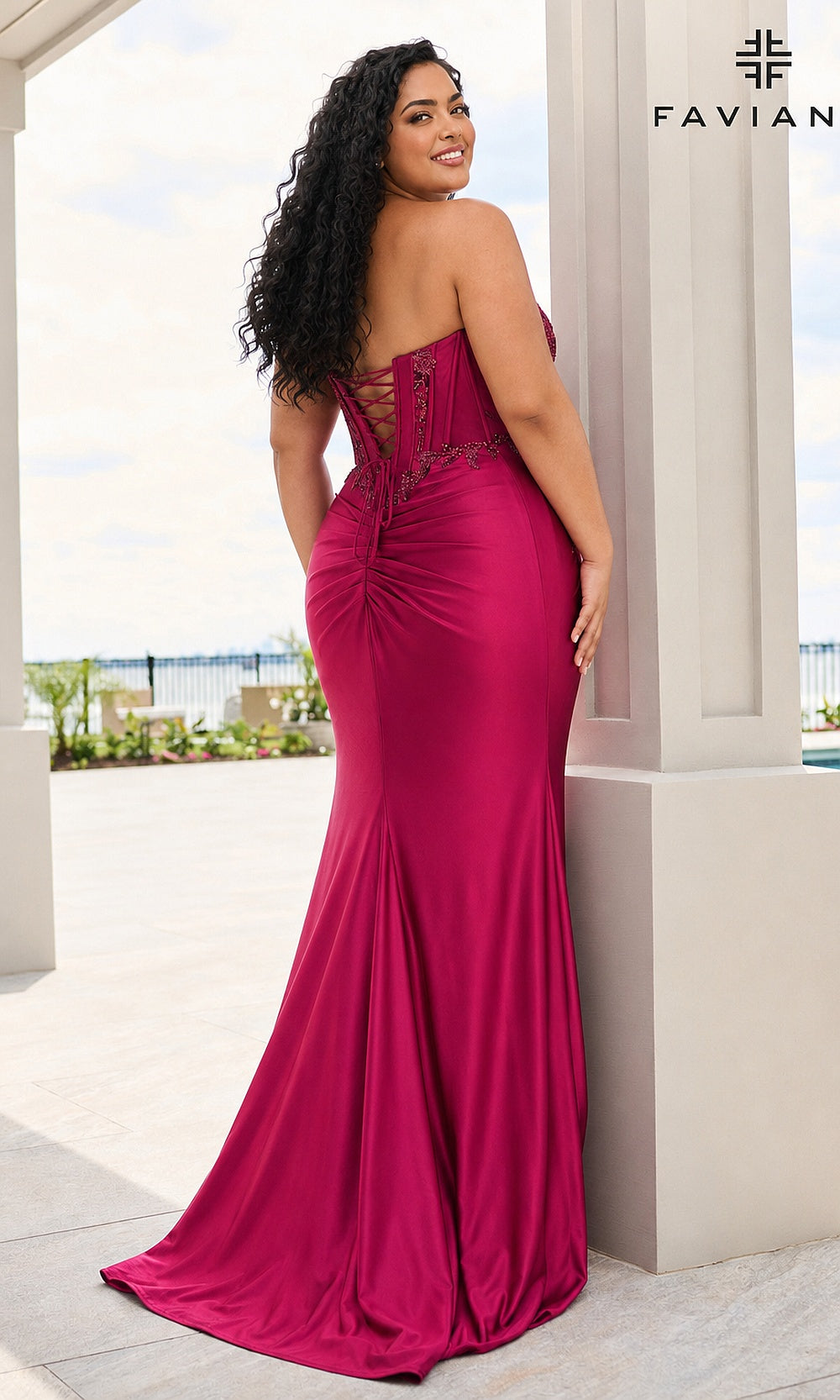 Faviana 11606E Cherry plus-size prom dress back view with beaded corset bodice, sheer panel, boning channels, strapless scoop neckline, cocktail party dress
