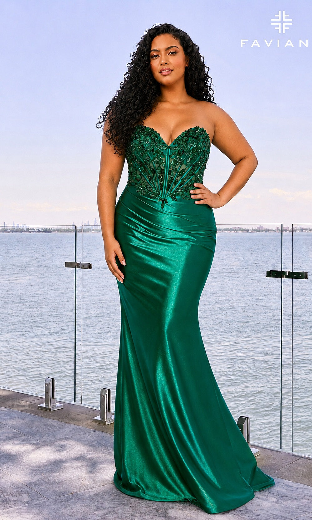 Faviana 11607E Dark Emerald prom dress front view featuring strapless sweetheart beaded lace corset bodice, boning, stretch satin mermaid silhouette, evening gown