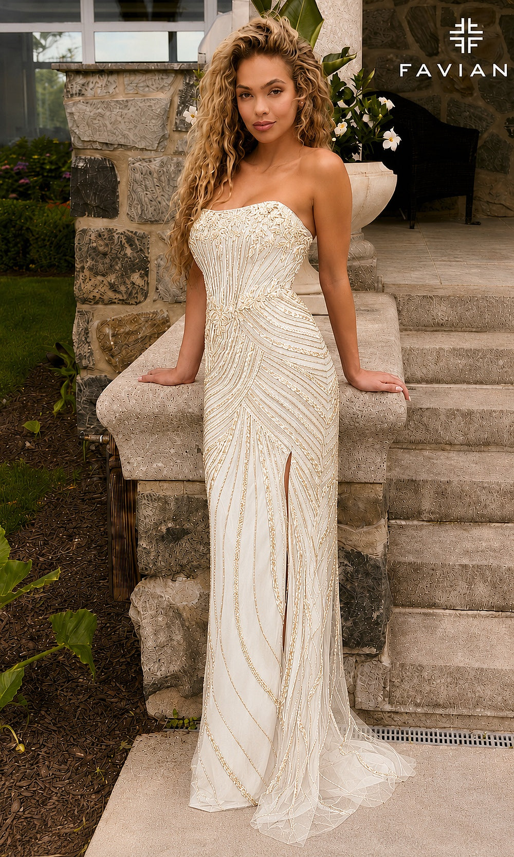Faviana 11615 Ivory Gold strapless sequin and bead fitted prom gown with corset bodice, floral waist appliqués, and sweep train, front view, polished formal styling