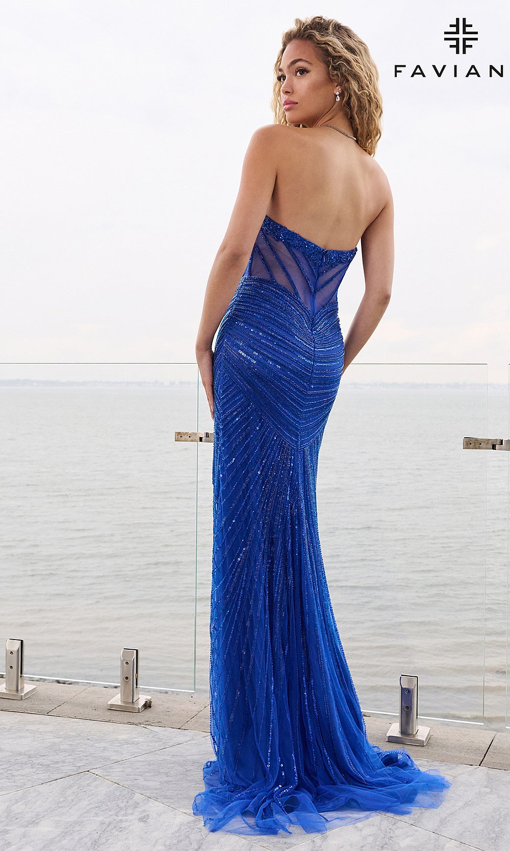 Faviana 11618 Royal prom dress back view with full low back beaded sequin mesh illusion construction sweetheart strapless fitted silhouette evening gown