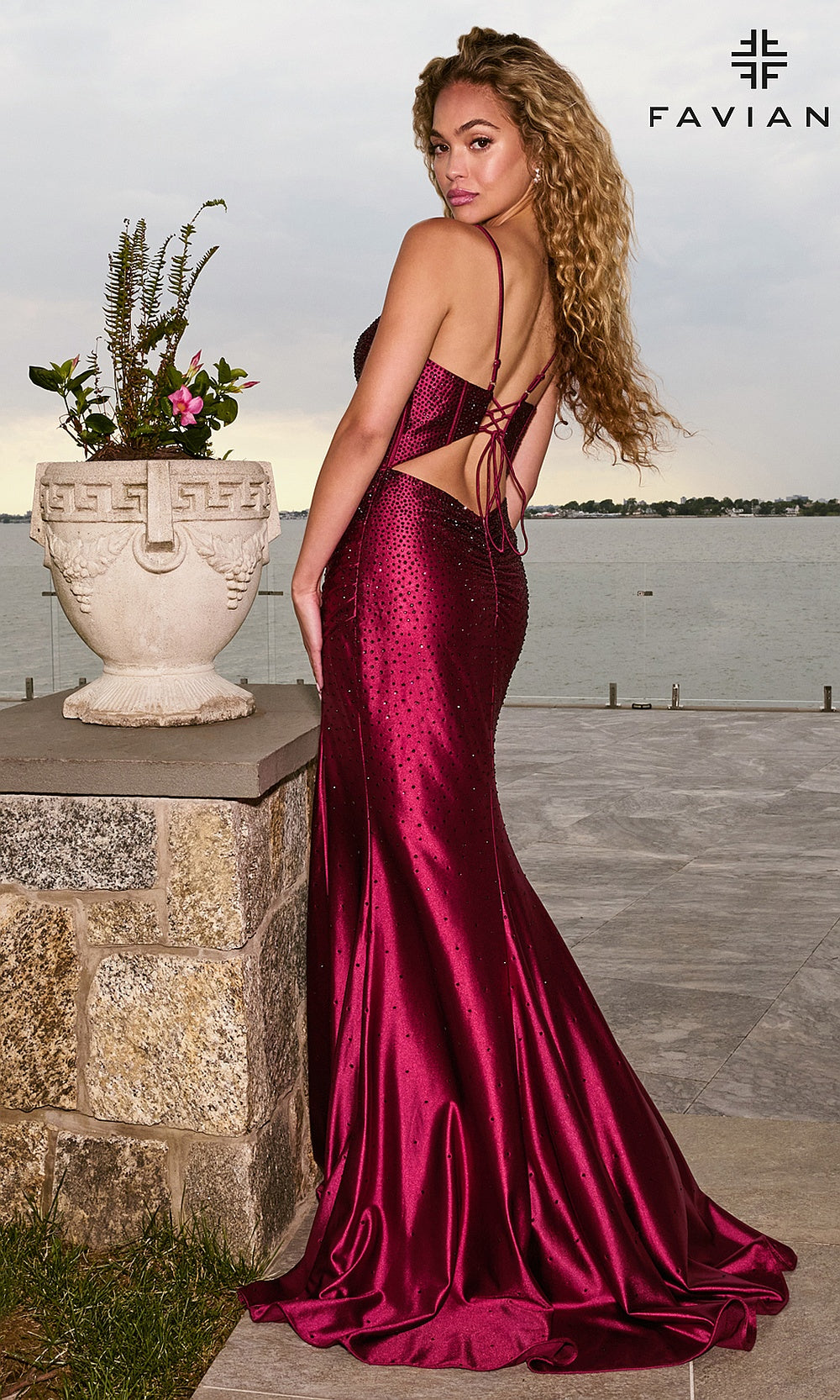 Faviana 11621 Cherry prom dress back view with sweeping train, full hot-stone embellishment, and lace-up crisscross detail on completely open stretch satin back — evening gown