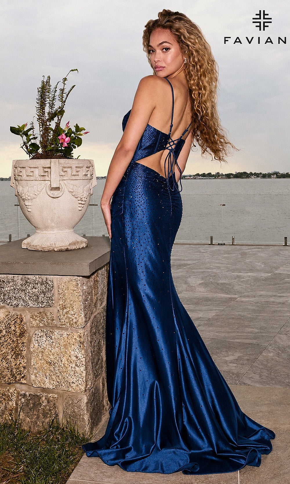 Faviana 11621 Navy prom dress back view with lace-up crisscross closure, full open back bare from shoulder to below waistline, hot-stone embellishment on stretch satin — formal prom gown