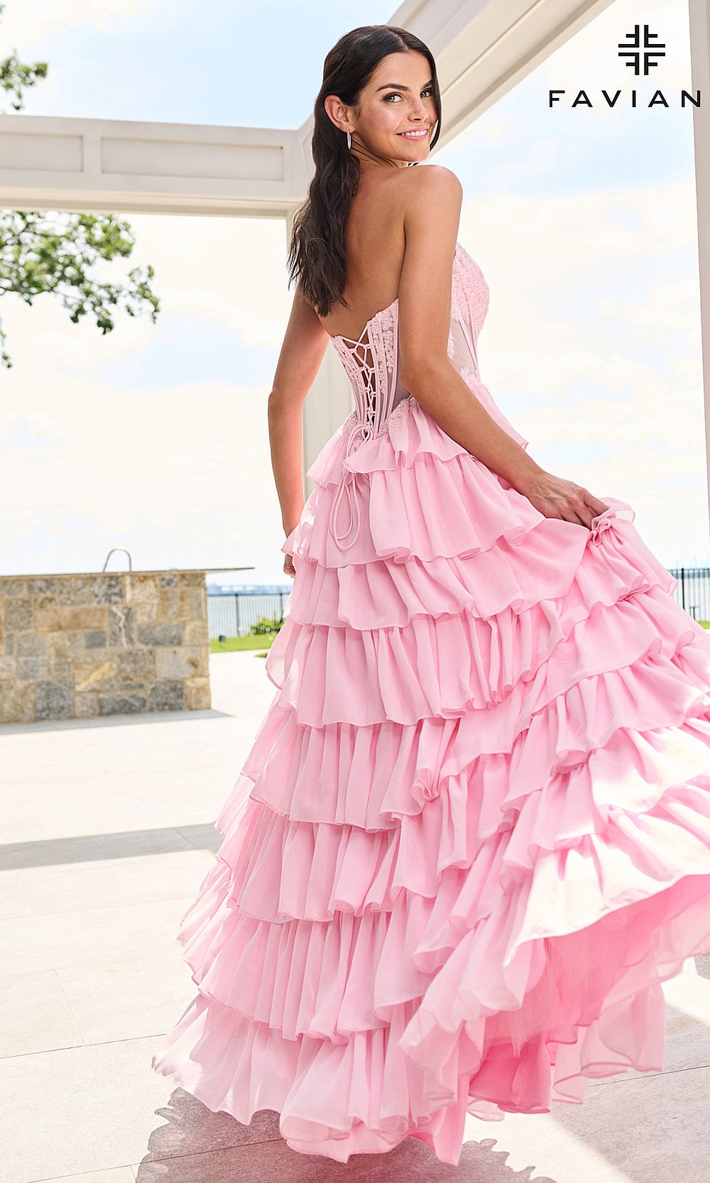 Faviana 11629 Light Pink prom dress back view with chiffon tiered ruffle skirt, lace floral appliqués, corset lace-up back, a-line silhouette, formal prom gown