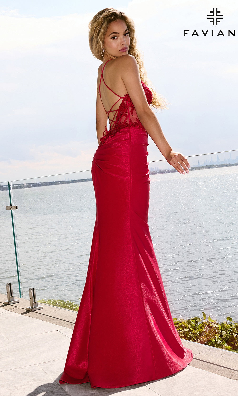 Faviana 11646 Red prom dress back view with crisscross lace-up open back stretch satin fitted skirt boned illusion bodice evening gown