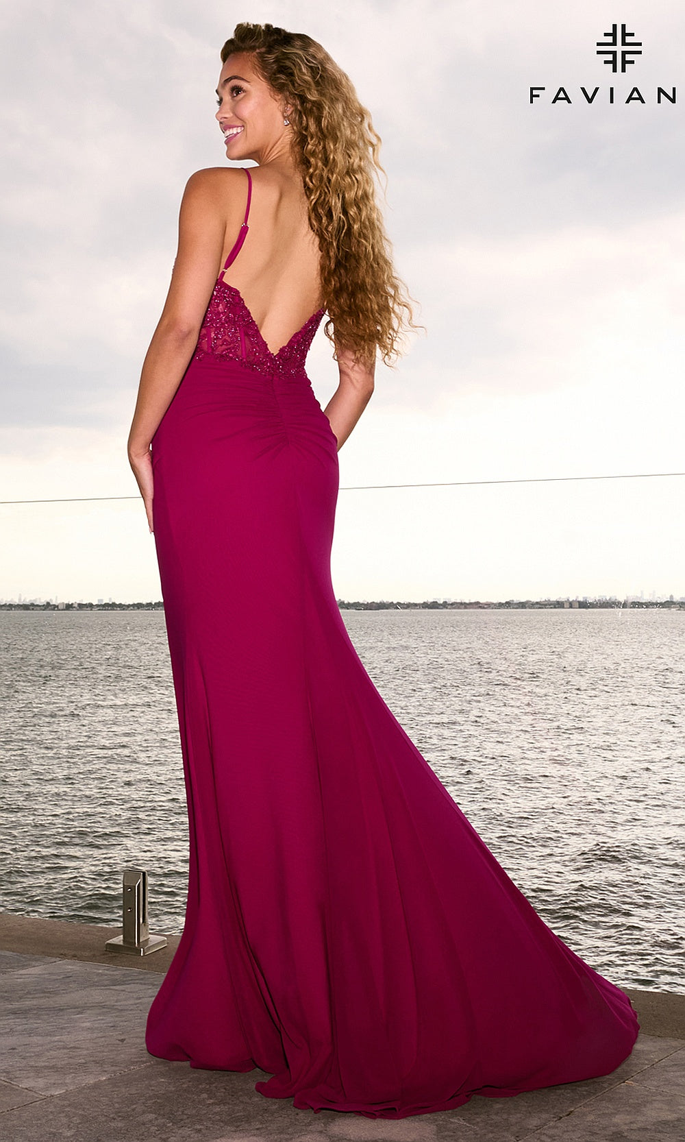 Faviana 11653 Bright Raspberry prom dress full-length back view showing very deep open back, spaghetti strap cross, sweep train, fitted jersey silhouette, evening gown