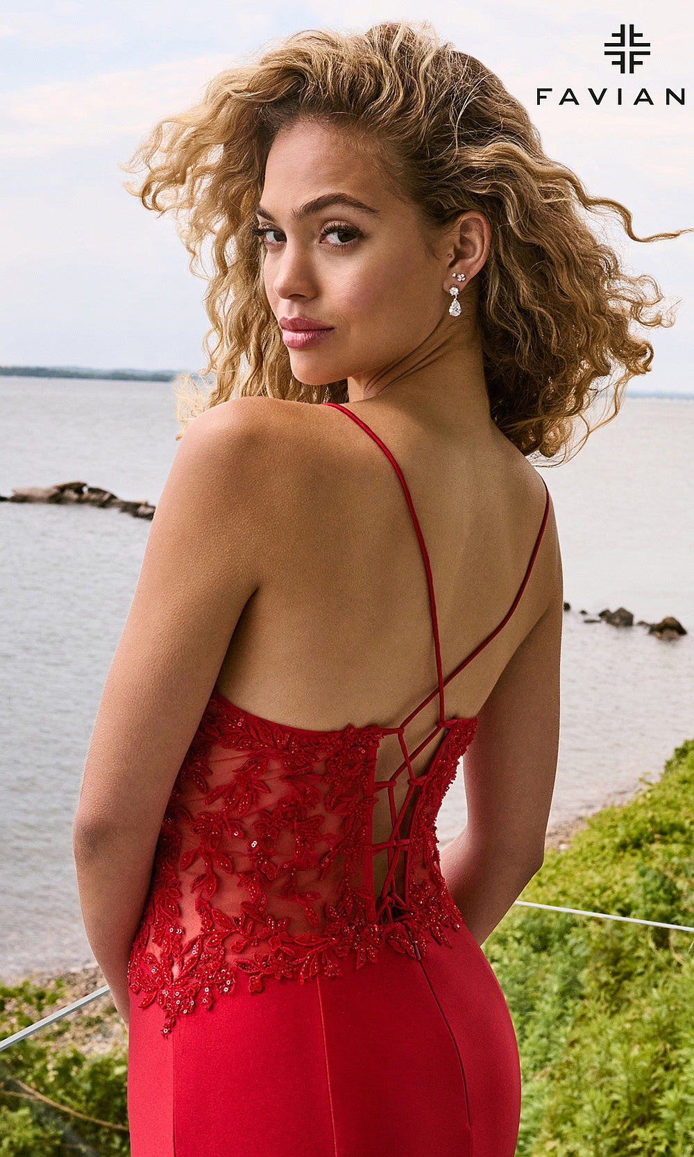 Faviana 11657 Ruby detail shot of beaded floral appliqués on illusion lace back panel with crisscross straps, prom gown formal prom gown