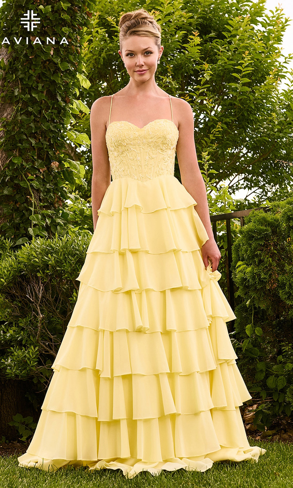 Faviana 11665 Light Yellow sweetheart lace corset prom A-line gown with tiered ruffle chiffon skirt, floral appliqués, front view, formal prom gown