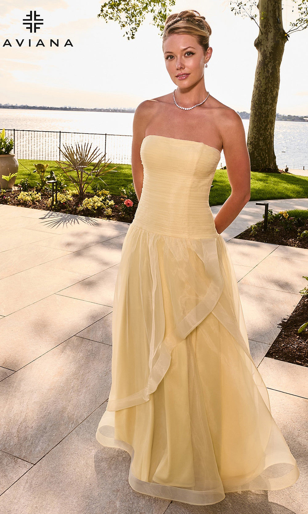 Faviana 11668 Butter Yellow prom A-line gown front view strapless boned corset bodice cascading organza skirt formal prom gown