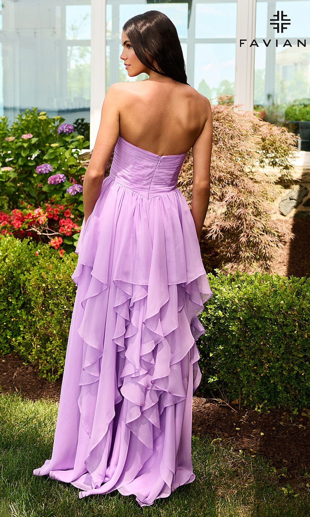 Faviana 11669 Bright Lilac prom dress back view with concealed zipper closure, strapless construction, full a-line tiered chiffon ruffle skirt, formal prom gown