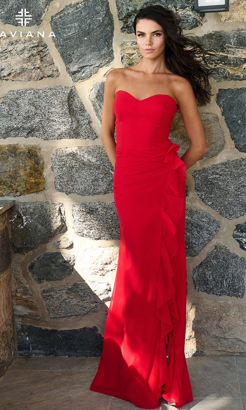 Faviana 11673 Red prom dress front view with stretch satin strapless sweetheart neckline fitted silhouette formal prom gown