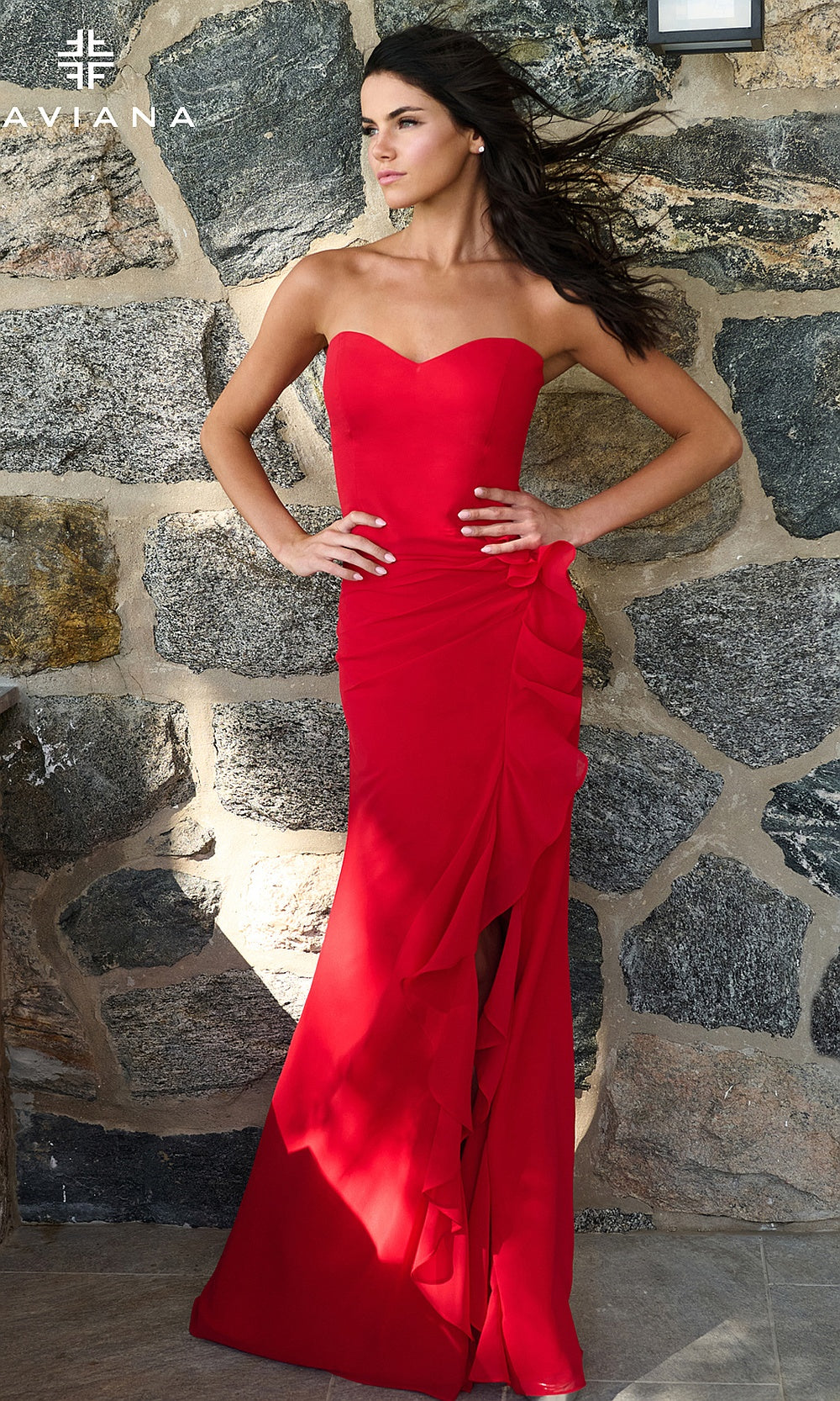 Faviana 11673 Red strapless sweetheart fitted gown front view stretch satin cascading side flounce panel evening gown styled for prom