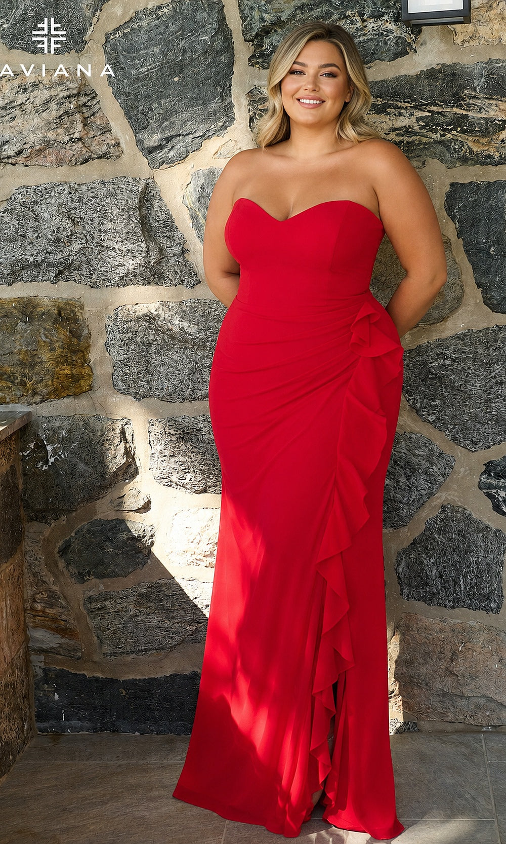 Faviana 11673E Red plus-size-model prom gown front view, strapless sweetheart ruched jersey with cascading side flounce and sweep train
