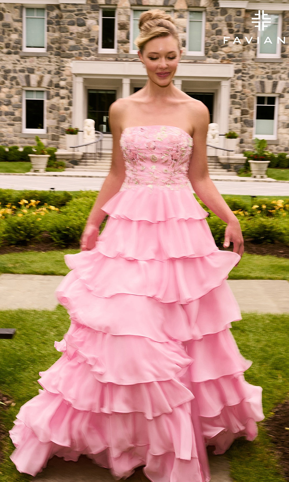Faviana 11675 Light Pink alternate view prom dress in chiffon with lace-up crisscross open back and tiered ruffle skirt, formal prom gown