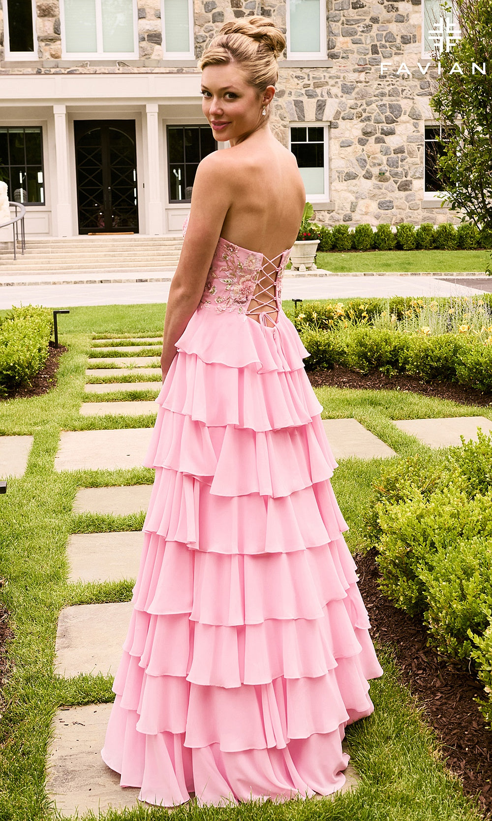 Faviana 11675 Light Pink back view prom dress in chiffon with lace-up crisscross open back and tiered ruffle skirt, formal prom gown